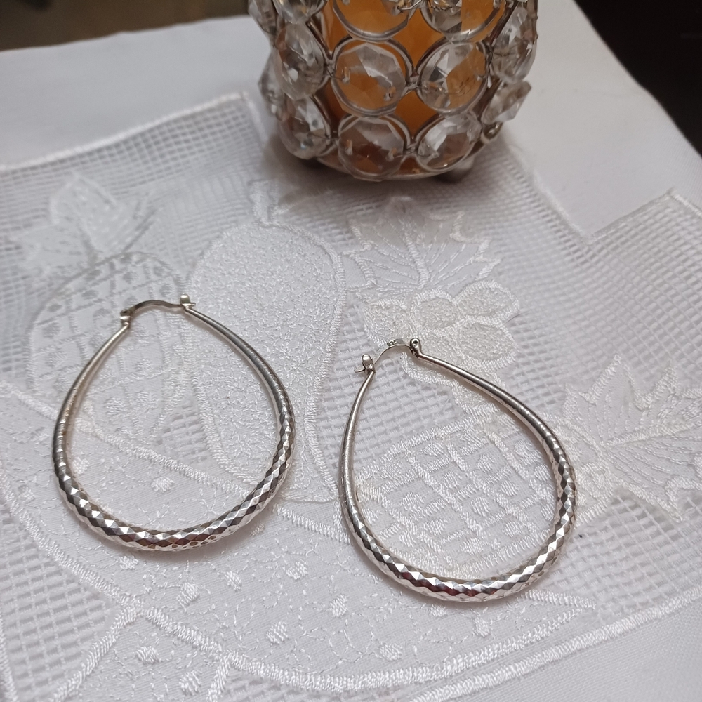 Solid 925 Sterling Silver Large Hammered Hoop Sty… - image 1